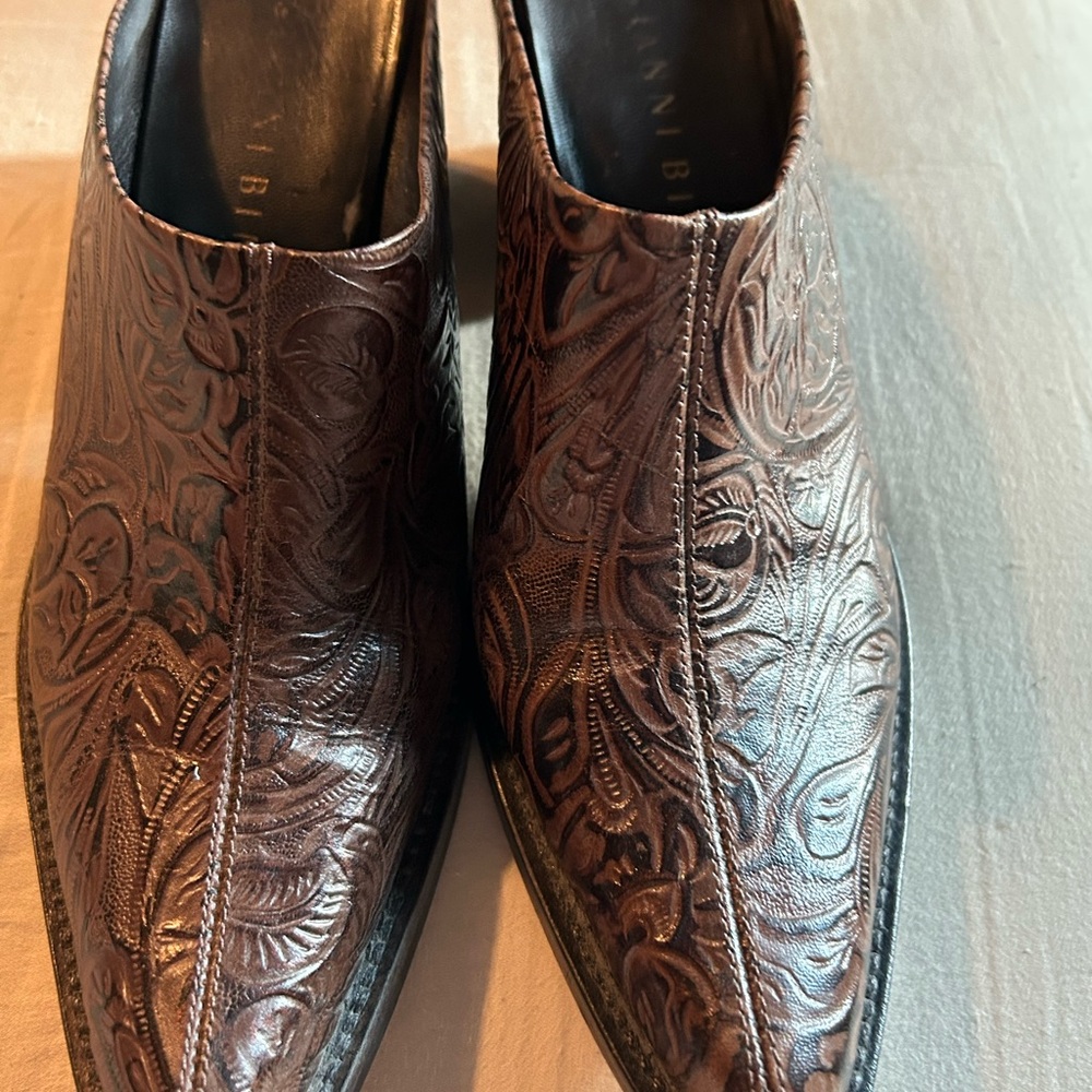 Gianni Bini Brown Heeled Boots with Ornate Embossing